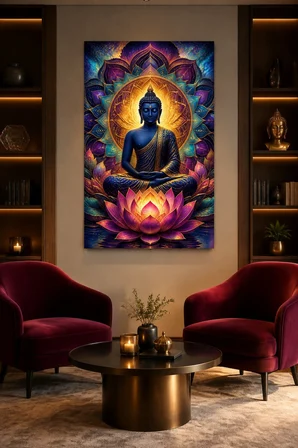 Buddha Lotus Baskılı Cam Tablo – UV Baskı Meditasyon Dekoratif Duvar Tablosu