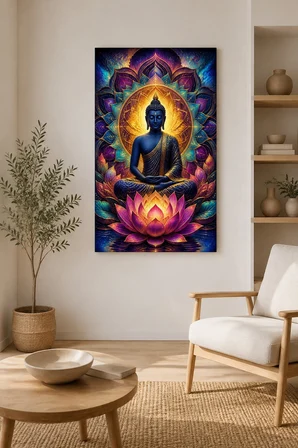 Buddha Lotus Baskılı Cam Tablo – UV Baskı Meditasyon Dekoratif Duvar Tablosu