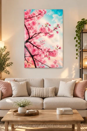 Pembe Kiraz Çiçeği Baskılı Cam Tablo – Bahar Temalı Dekoratif Duvar Tablosu