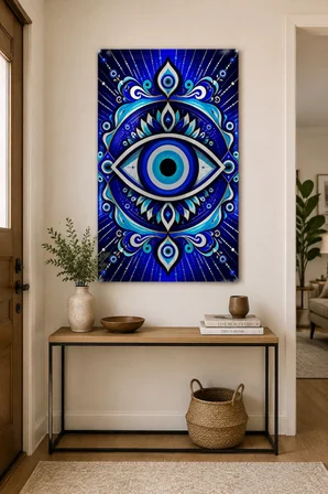 Nazar Boncuğu Desenli Baskılı Cam Tablo – Modern UV Baskı Duvar Dekoru