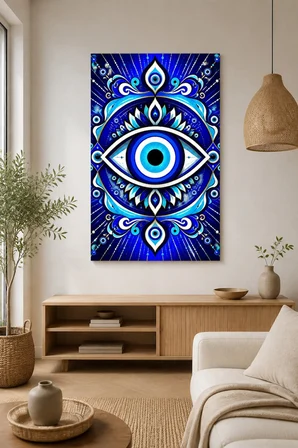 Nazar Boncuğu Desenli Baskılı Cam Tablo – Modern UV Baskı Duvar Dekoru