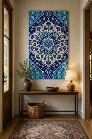 Çini Mandala Desenli Baskılı Cam Tablo – Turkuaz Lacivert Dekoratif Duvar Tablosu
