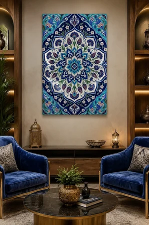 Çini Mandala Desenli Baskılı Cam Tablo – Turkuaz Lacivert Dekoratif Duvar Tablosu