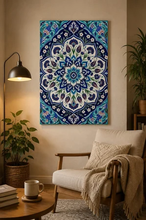 Çini Mandala Desenli Baskılı Cam Tablo – Turkuaz Lacivert Dekoratif Duvar Tablosu