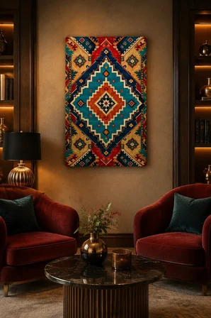 Türk Halı Desenli Baskılı Cam Tablo – Boho Modern Dekoratif Duvar Tablosu