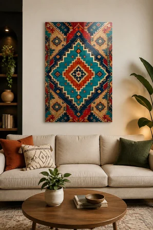 Türk Halı Desenli Baskılı Cam Tablo – Boho Modern Dekoratif Duvar Tablosu