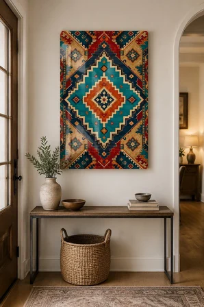 Türk Halı Desenli Baskılı Cam Tablo – Boho Modern Dekoratif Duvar Tablosu