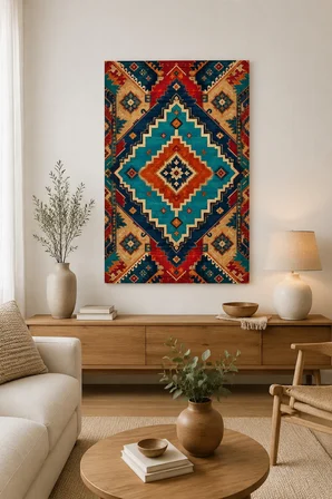 Türk Halı Desenli Baskılı Cam Tablo – Boho Modern Dekoratif Duvar Tablosu