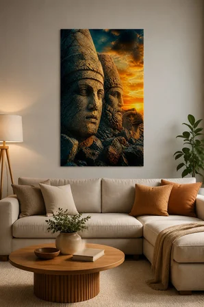 Nemrut Heykel Başları Baskılı Cam Tablo – Premium Taş Dokulu Duvar Dekoru