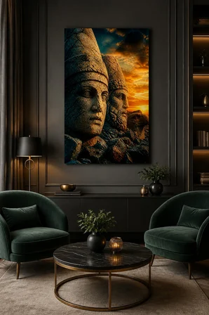 Nemrut Heykel Başları Baskılı Cam Tablo – Premium Taş Dokulu Duvar Dekoru