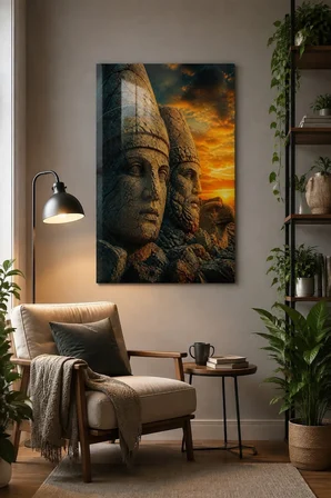 Nemrut Heykel Başları Baskılı Cam Tablo – Premium Taş Dokulu Duvar Dekoru