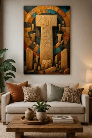 Göbeklitepe Motifli Baskılı Cam Tablo – Taş Desenli Arkeolojik Duvar Dekoru