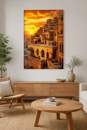 Mardin Taş Evleri Baskılı Cam Tablo – Gün Batımı Dekoratif Duvar Tablosu