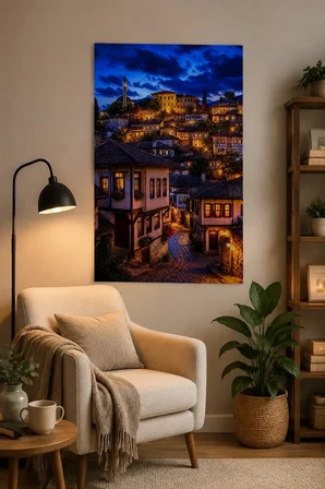 Safranbolu Evleri Baskılı Cam Tablo – Sıcak Işıklı Dekoratif Duvar Tablosu