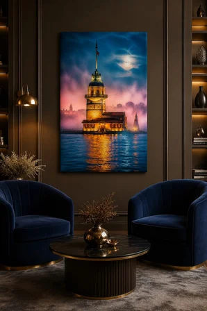 Kız Kulesi Baskılı Cam Tablo – Sisli İstanbul Manzaralı UV Baskı Duvar Tablosu