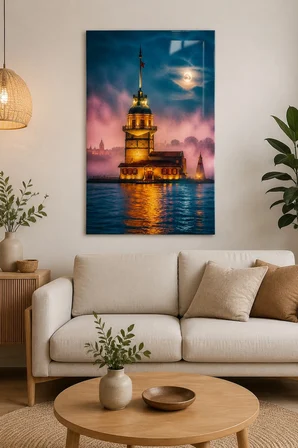 Kız Kulesi Baskılı Cam Tablo – Sisli İstanbul Manzaralı UV Baskı Duvar Tablosu