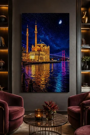 Ortaköy Camii Baskılı Cam Tablo – Gece Boğaz Manzaralı Duvar Dekoru