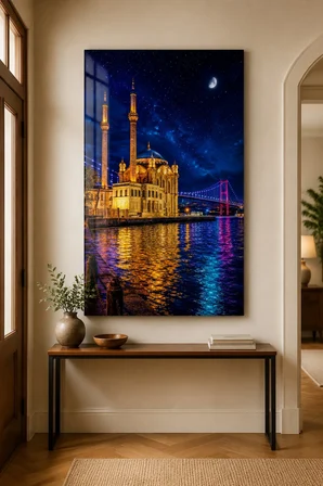 Ortaköy Camii Baskılı Cam Tablo – Gece Boğaz Manzaralı Duvar Dekoru