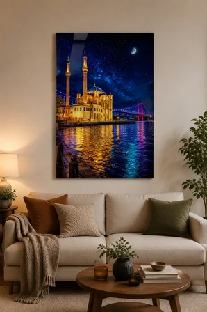 Ortaköy Camii Baskılı Cam Tablo – Gece Boğaz Manzaralı Duvar Dekoru