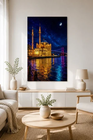 Ortaköy Camii Baskılı Cam Tablo – Gece Boğaz Manzaralı Duvar Dekoru