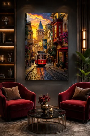 Nostaljik İstanbul Tramvaylı Baskılı Cam Tablo – Galata Kulesi UV Baskı Duvar Tablosu