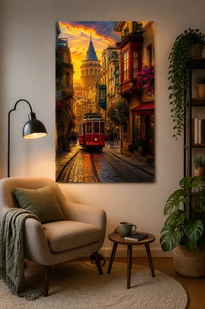 Nostaljik İstanbul Tramvaylı Baskılı Cam Tablo – Galata Kulesi UV Baskı Duvar Tablosu