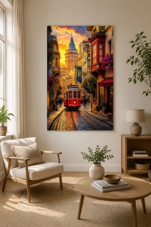 Nostaljik İstanbul Tramvaylı Baskılı Cam Tablo – Galata Kulesi UV Baskı Duvar Tablosu
