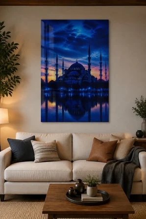 Sultanahmet Camii Baskılı Cam Tablo – Mavi Akşam UV Baskı Duvar Dekoru