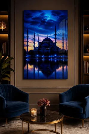 Sultanahmet Camii Baskılı Cam Tablo – Mavi Akşam UV Baskı Duvar Dekoru