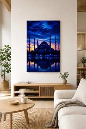 Sultanahmet Camii Baskılı Cam Tablo – Mavi Akşam UV Baskı Duvar Dekoru