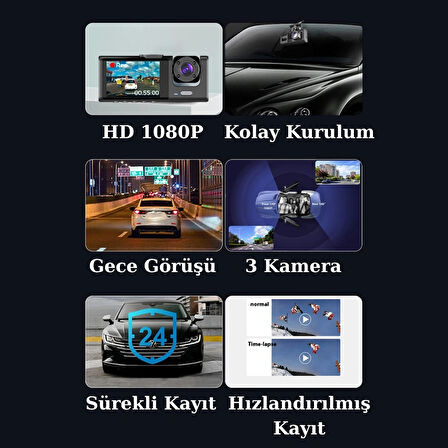 Wodimark 1080P Araç Kamerası Dash Cam – 3’lü Kamera (Ön + Arka + İç), Full HD, Gece Görüşü, G-Sensör, 170° Geniş Açı, 2.0'' LCD Ekran