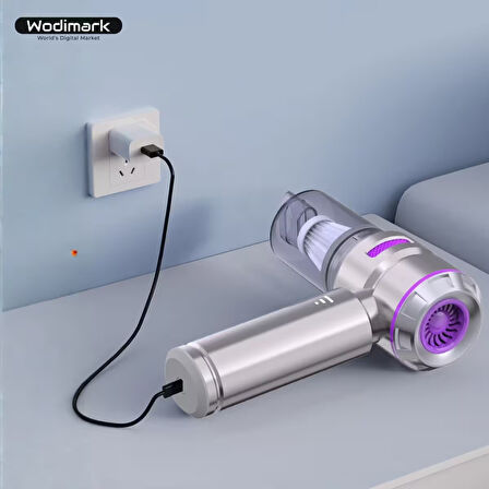 Wodimark Kablosuz El Süpürgesi – 20000Pa Güçlü Emiş, 4’ü 1 Arada Mini Vakum, LED Ekranlı, Üfleme Özellikli, Fırçasız Motorlu Taşınabilir Şarjlı Süpürge