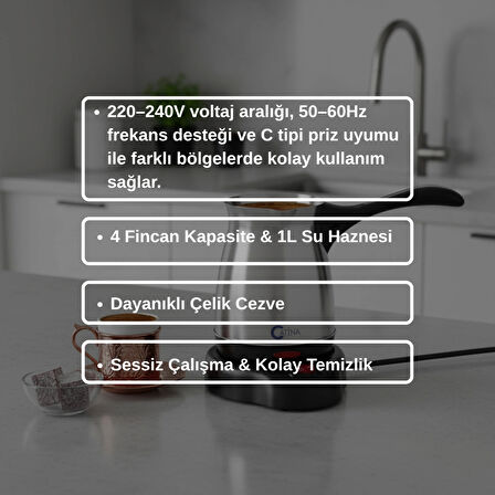 Wodimark CATINA Türk Kahve Makinesi – 4 Fincan, 1L Su Haznesi, Çelik Cezveli, Sessiz ve Kompakt, 220–240V