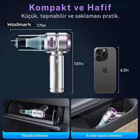 Wodimark 20000Pa Kablosuz El Süpürgesi – 4’ü 1 Arada Mini Vakum, LED Ekranlı, Üfleme Özellikli, Fırçasız Motorlu, Taşınabilir Şarjlı Araba ve Ev Temizlik Süpürgesi