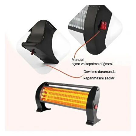 Wodimark Minisan DP1200 1200W Infrared Quartz Isıtıcı – 3 Kademeli Güç, Devrilme Emniyetli, Hafif & Taşınabilir, İç ve Dış Mekan Kullanımı