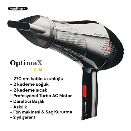 Wodimark OPTIMAX Profesyonel Fön Makinesi – 2500W Turbo AC Motor | 2 Isı & 2 Hız | Daraltıcı Başlık | 270 cm Kablo