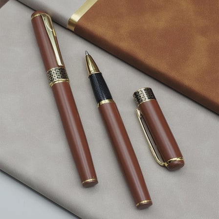 Kalemlik Zarif Set Sunum Taba Rengi Gold Detaylı Termo Deri Defter Metal Roller Kalem Hediye Seti