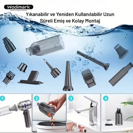 Wodimark Kablosuz El Süpürgesi – Güçlü Emiş, 4’ü 1 Arada Mini Vakum, LED Ekranlı, Üfleme Özellikli ,Motorlu Taşınabilir Şarjlı Süpürge