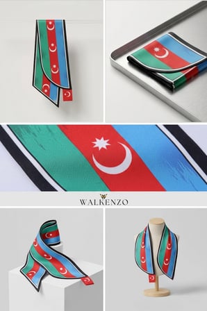 Walkenzo Azerbaycan Bayrağı Temalı Özel Tasarım Kravat Formlu Kadın Fular