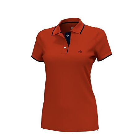 Polo Yaka Çizgili Pamuklu  Kadın  T-shirt Kiremit-XS