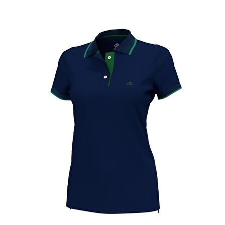 Polo Yaka Çizgili Pamuklu  Kadın  T-shirt Lacivert-XS