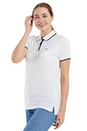 Polo Yaka Çizgili Pamuklu  Kadın  T-shirt Beyaz-M
