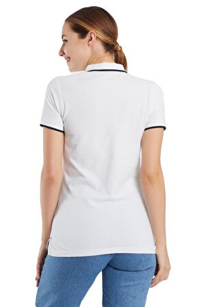 Polo Yaka Çizgili Pamuklu  Kadın  T-shirt Beyaz-M
