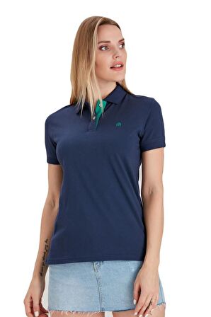 Polo Yaka Pamuklu Kadın T-shirt Lacivert-L