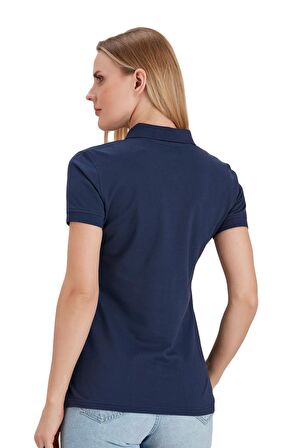 Polo Yaka Pamuklu Kadın T-shirt Lacivert-L