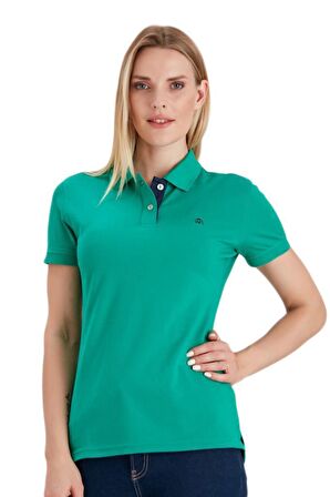 Polo Yaka Pamuklu Kadın T-shirt Yeşil-XS