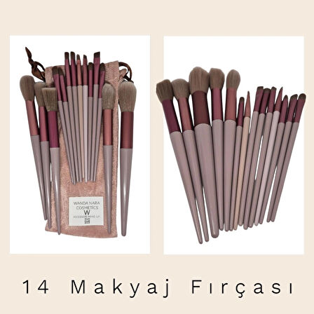 Wanda Nara Cosmetics Profosyonel Premium Beauty Kahve-Gri Makyaj Aplikatör Fırçası 14 Lü Set