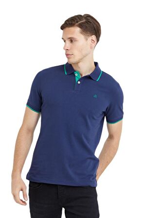 Polo Yaka Çizgili Pamuklu Erkek T-shirt Lacivert-S