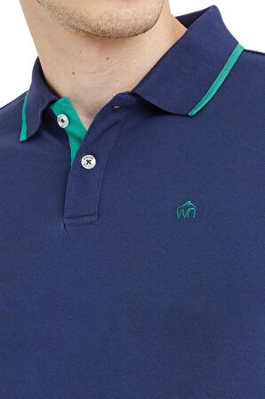 Polo Yaka Çizgili Pamuklu Erkek T-shirt Lacivert-S