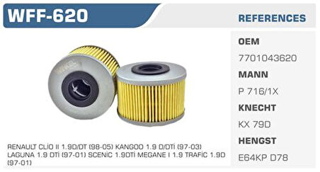 Winkel WFF-620 Mazot Filtresi Clio II 00-05 Kangoo 98-Megane 97-99 Laguna I 97-01 Trafic 89-01 1.9D 1.9 DTI Kolı: 24 Ad 